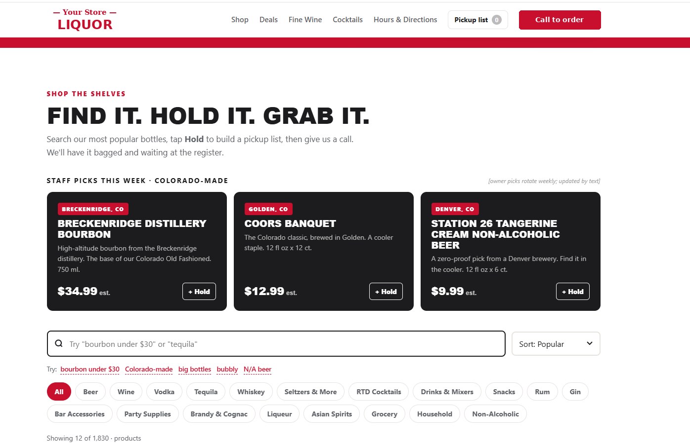 Concept liquor store website: searchable shelf with Hold buttons that build a call-ahead pickup list